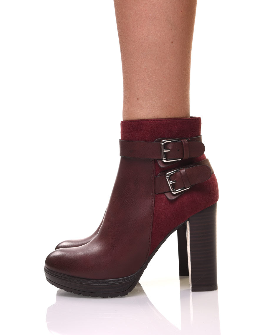 Bottines bordeaux à talons bi-matières
