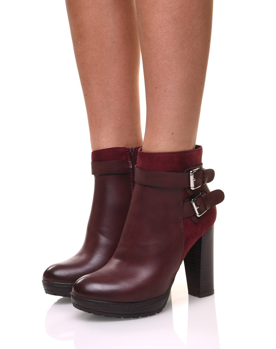 Bottines bordeaux à talons bi-matières