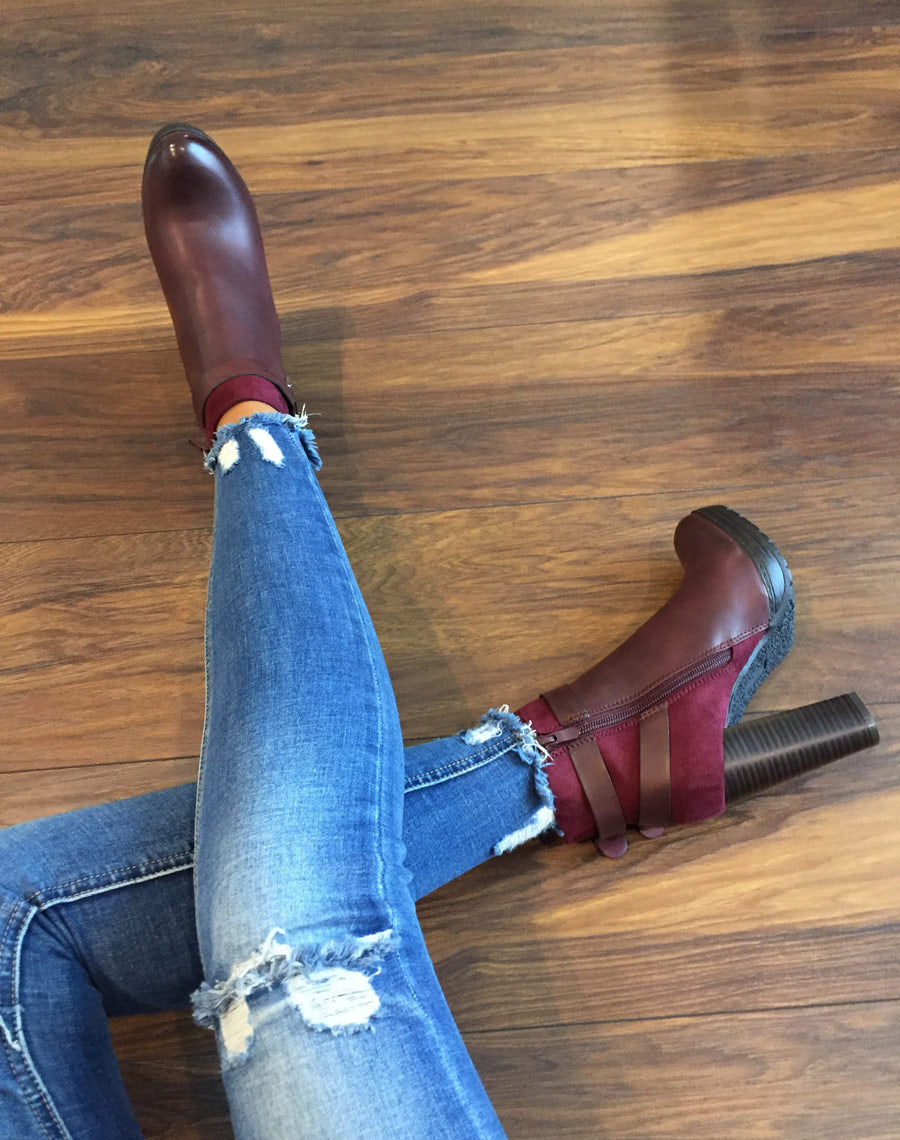 Bottines bordeaux à talons bi-matières