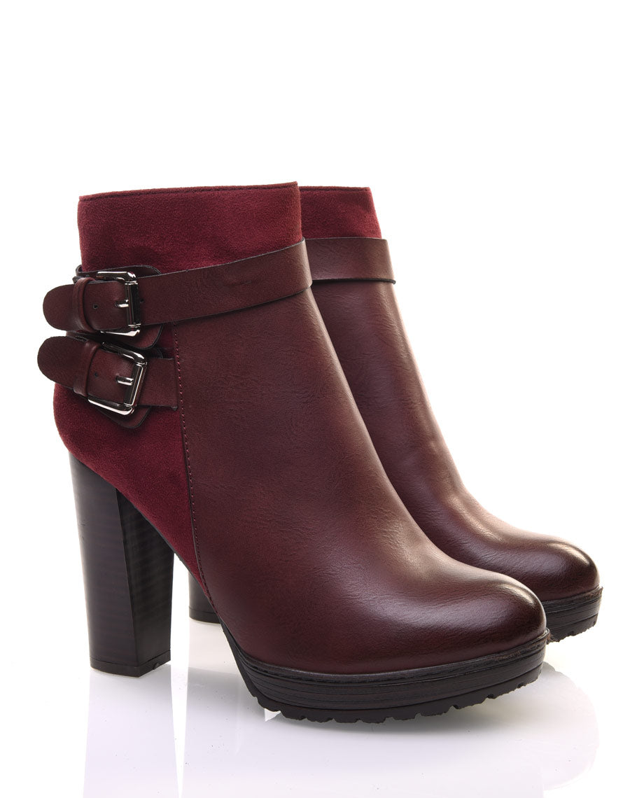 Bottines bordeaux à talons bi-matières