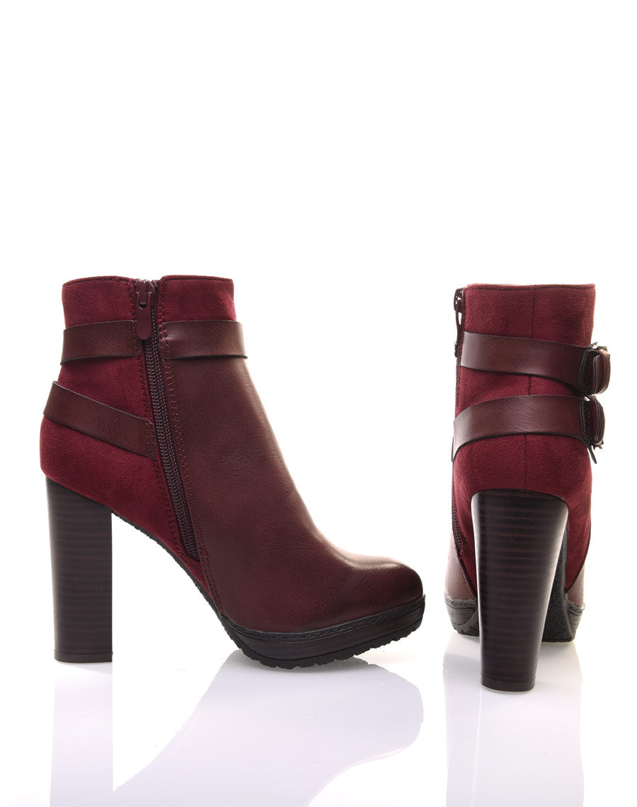 Bottines bordeaux à talons bi-matières
