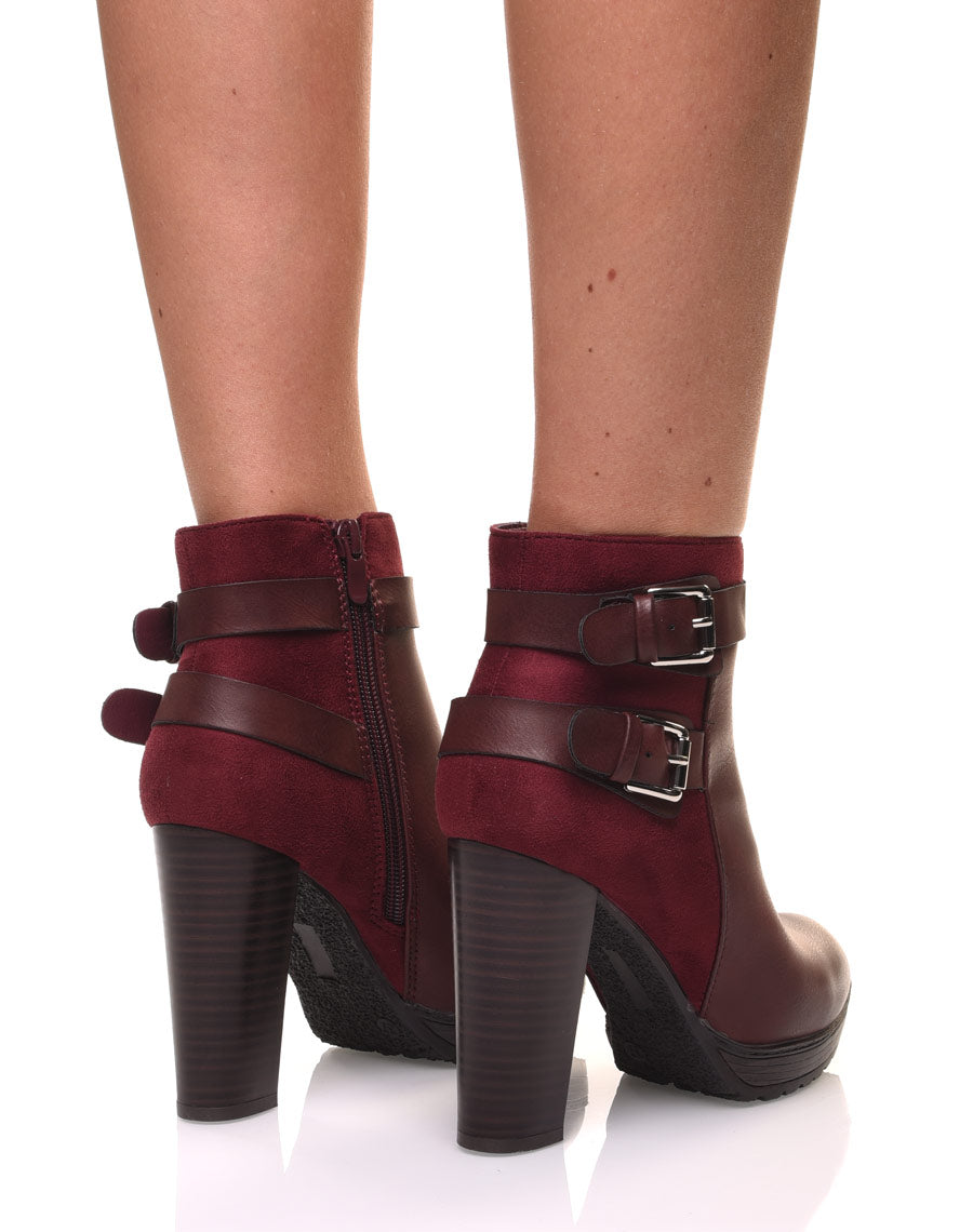 Bottines bordeaux à talons bi-matières