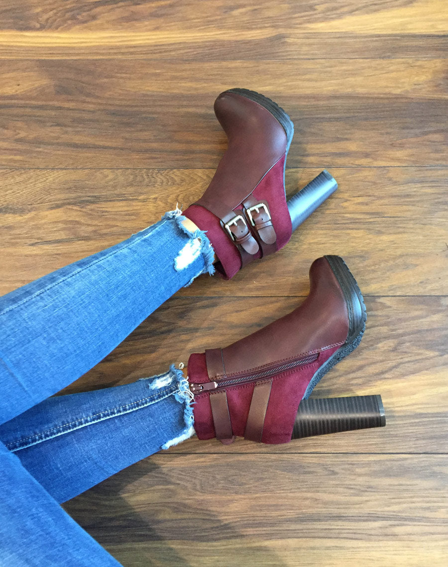 Bottines bordeaux à talons bi-matières