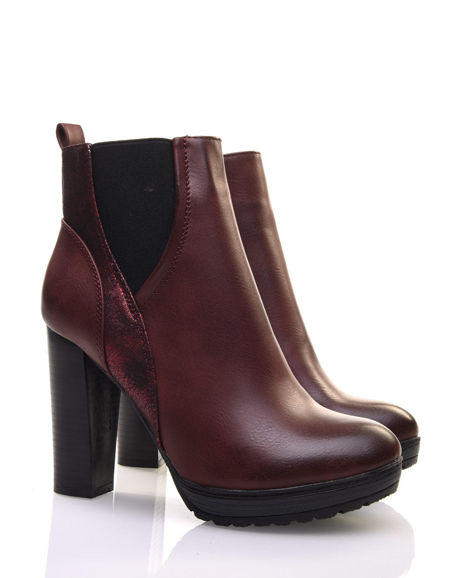 Bottines bordeaux à talons hauts bi matières