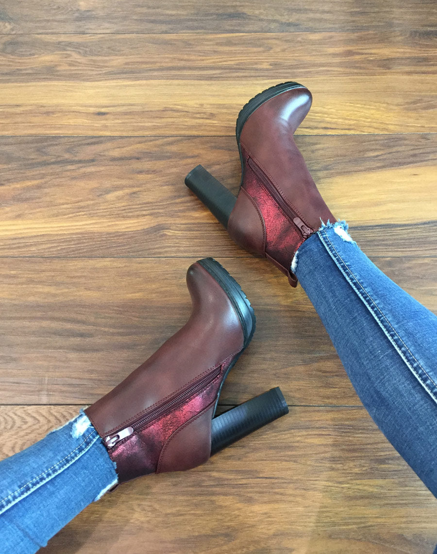 Bottines bordeaux à talons hauts bi matières