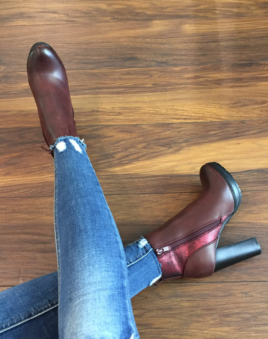 Bottines bordeaux à talons hauts bi matières