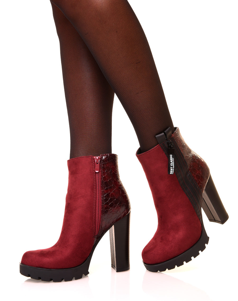 Bottines bordeaux à talons hauts bi matières
