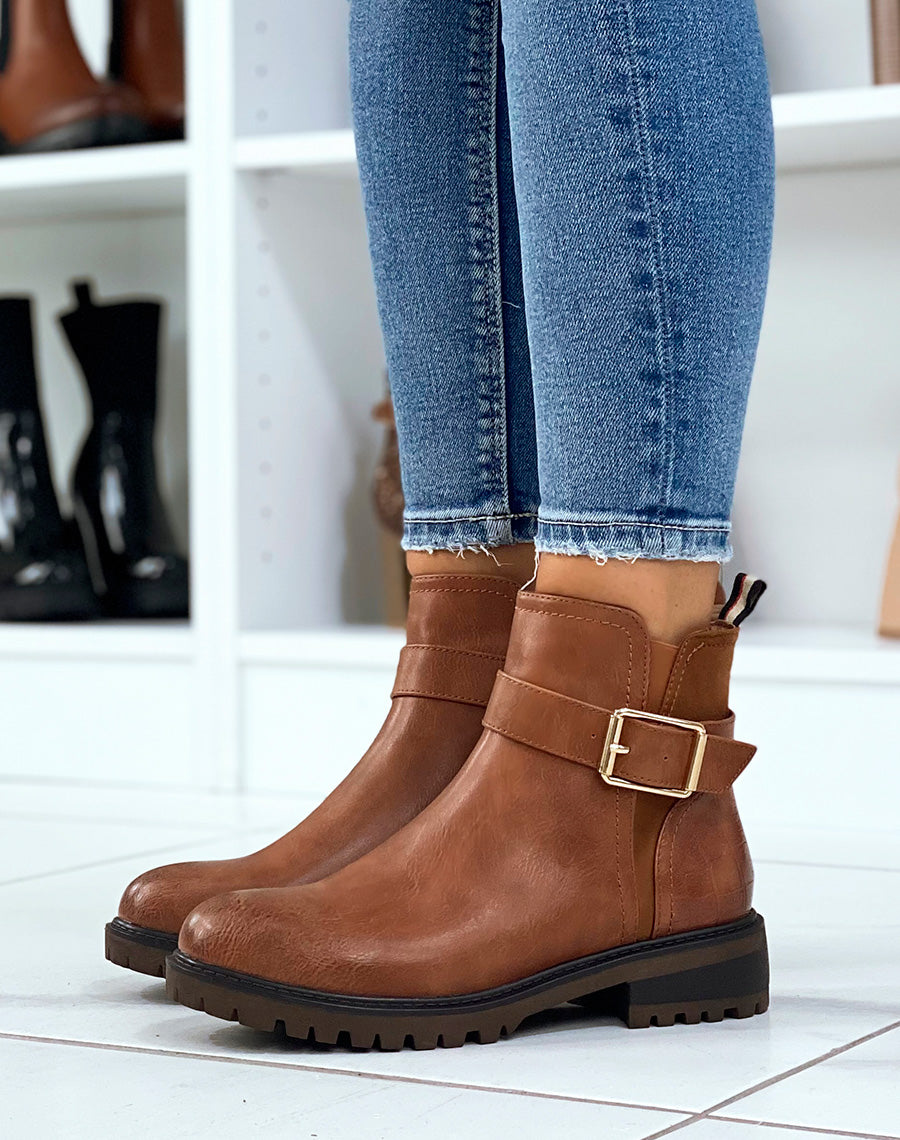Bottines camel avec élastique échancré et effet croco