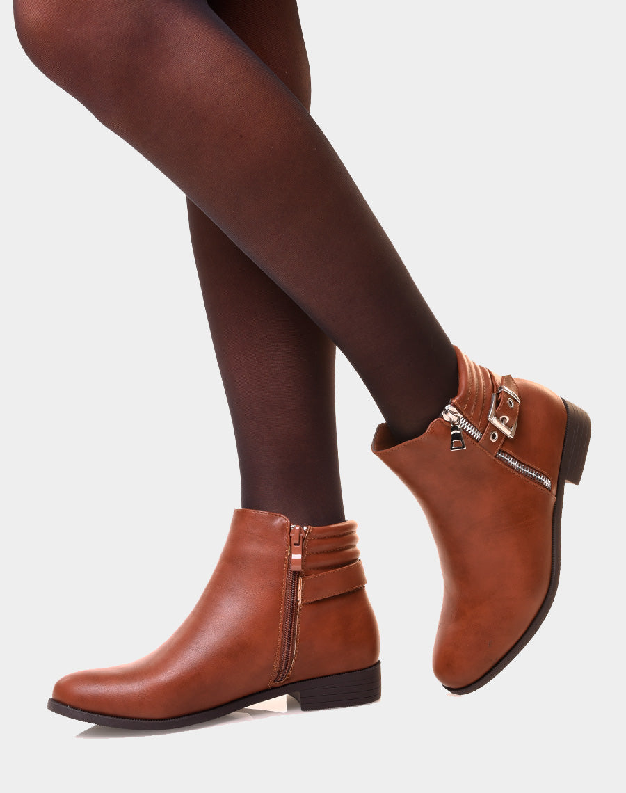 Bottines camel basses à zip décoratif