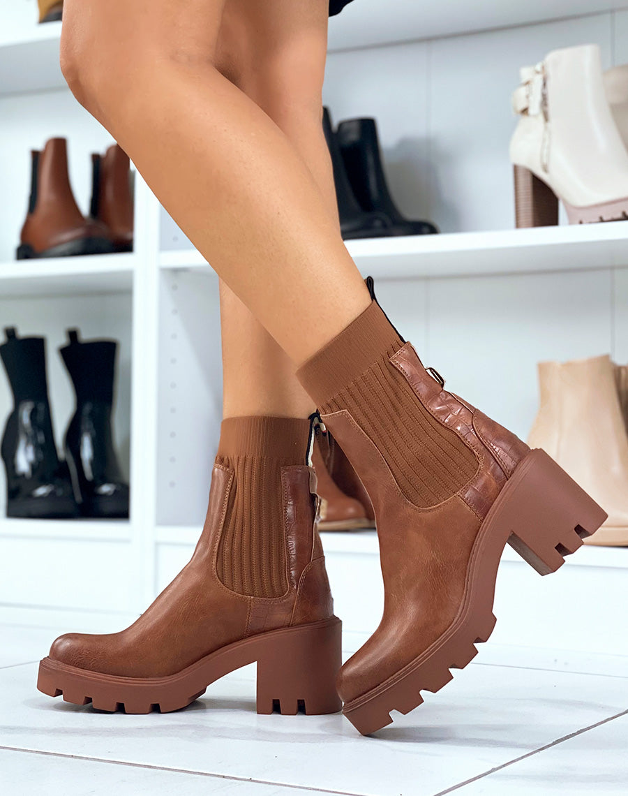Bottines camel bi-matière style chelsea à talon