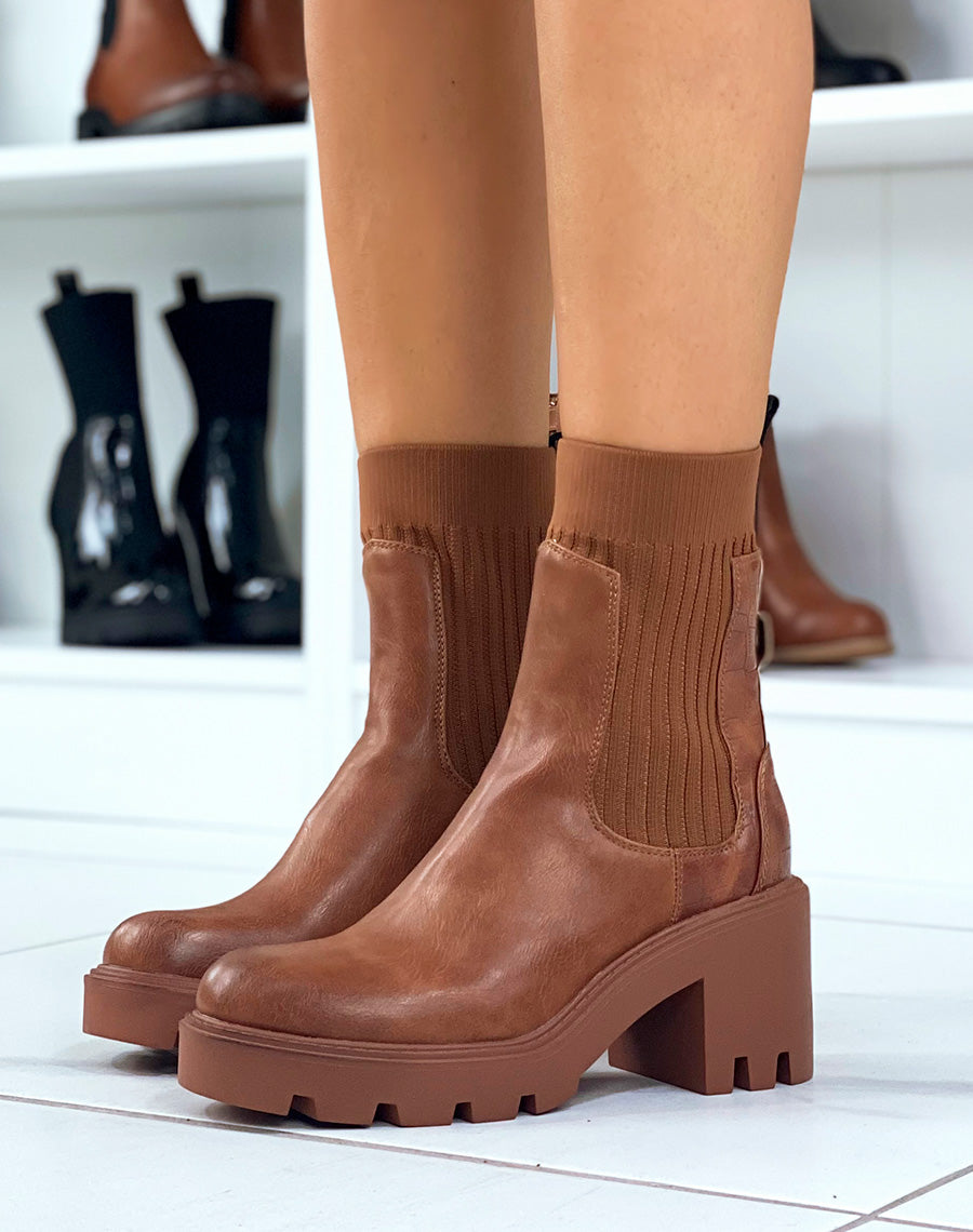 Bottines camel bi-matière style chelsea à talon