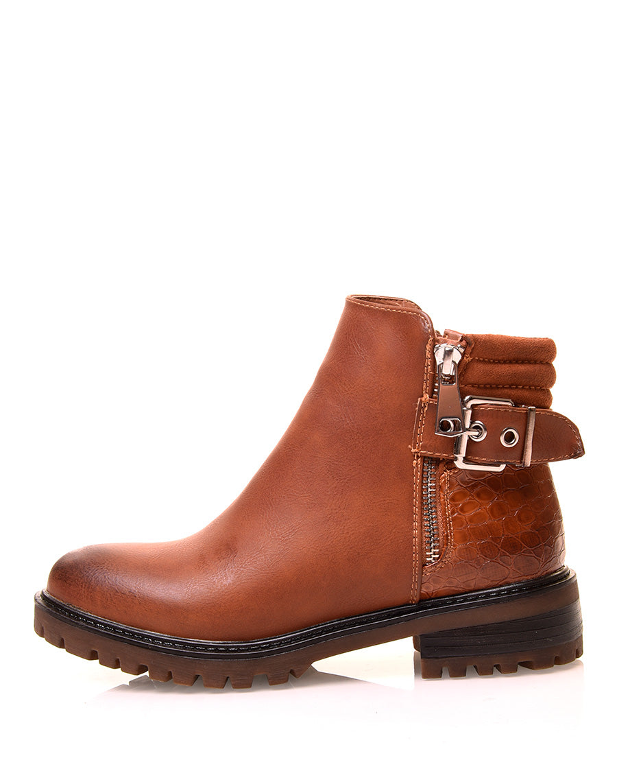 Bottines camel bi-matières avec sangle