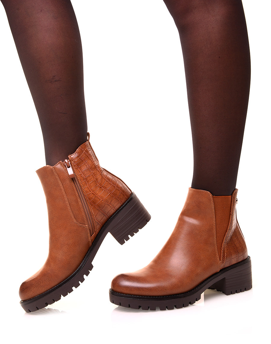 Bottines camel bi-matières effet croco et élastique échancré