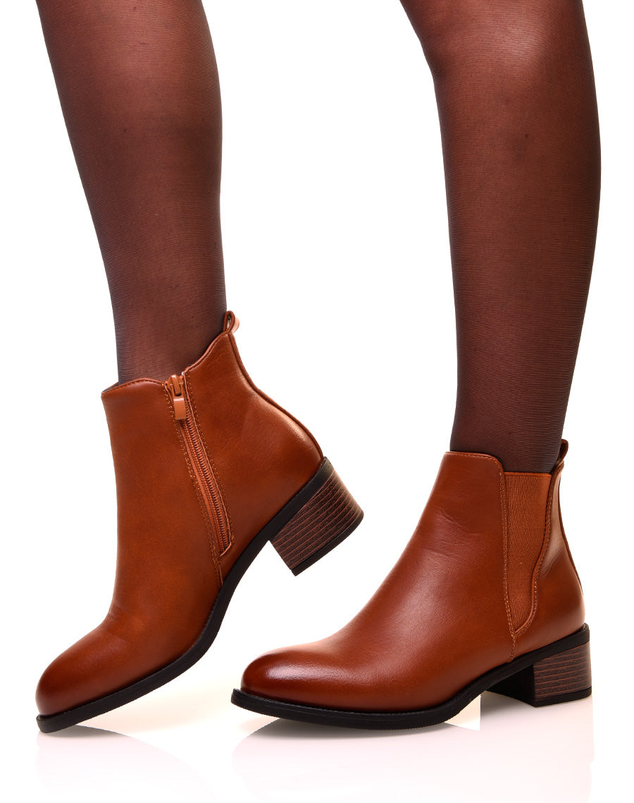 Bottines camel bi-matières à semelles crantées