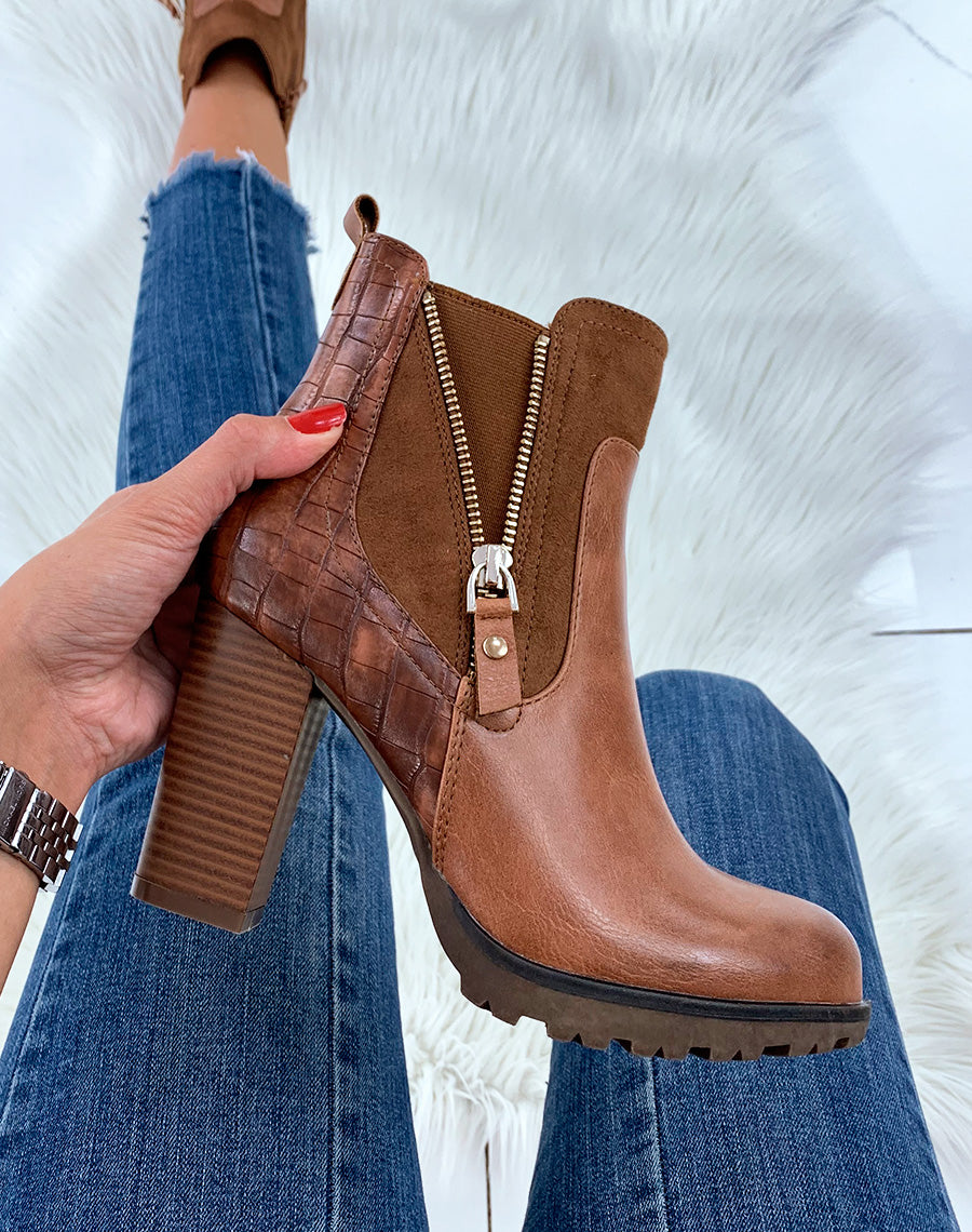 Bottines camel bi-matières à talon