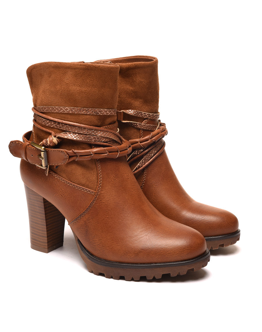 Bottines camel bi matières à talons et lanières multiples