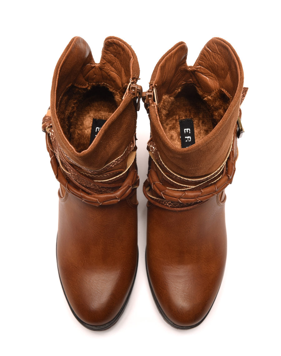 Bottines camel bi matières à talons et lanières multiples