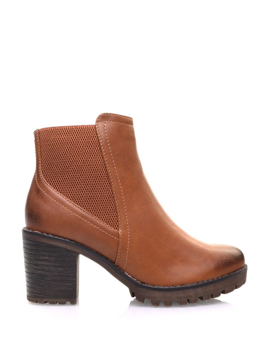 Bottines camel crantées à élastique surpiqué