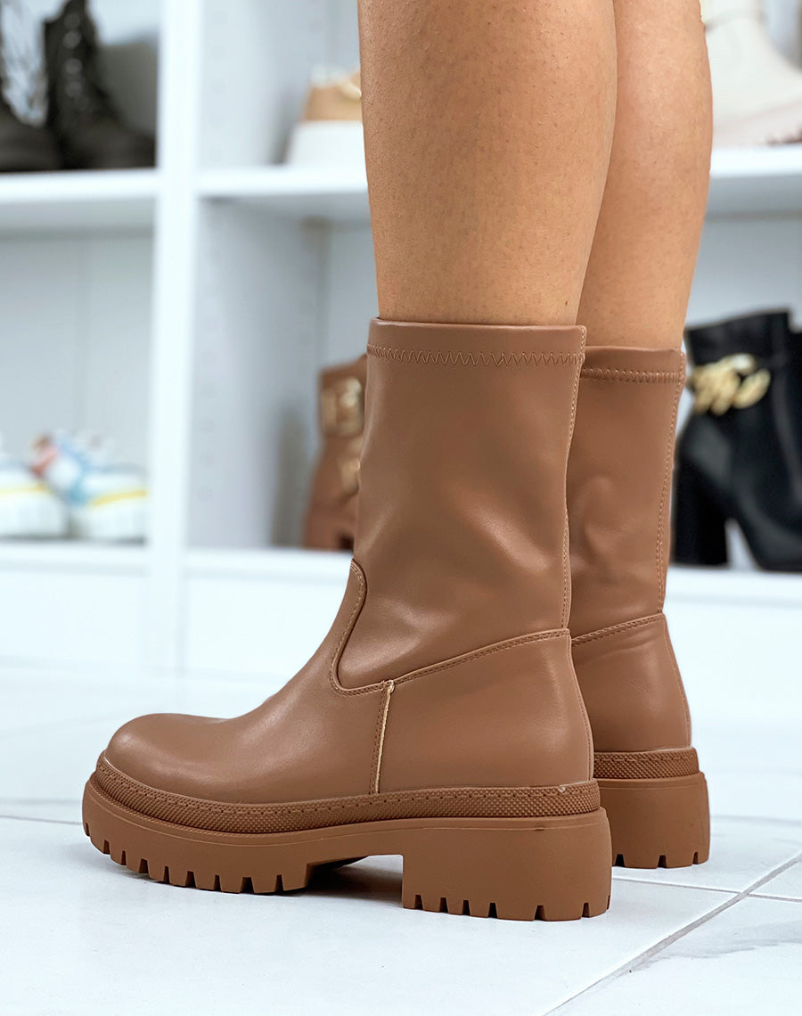 Bottines camel effet chaussette en similicuir