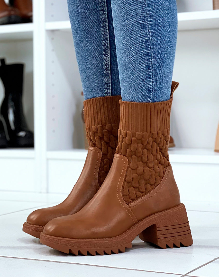 Bottines camel effet chaussette à talon épais à semelle crantée