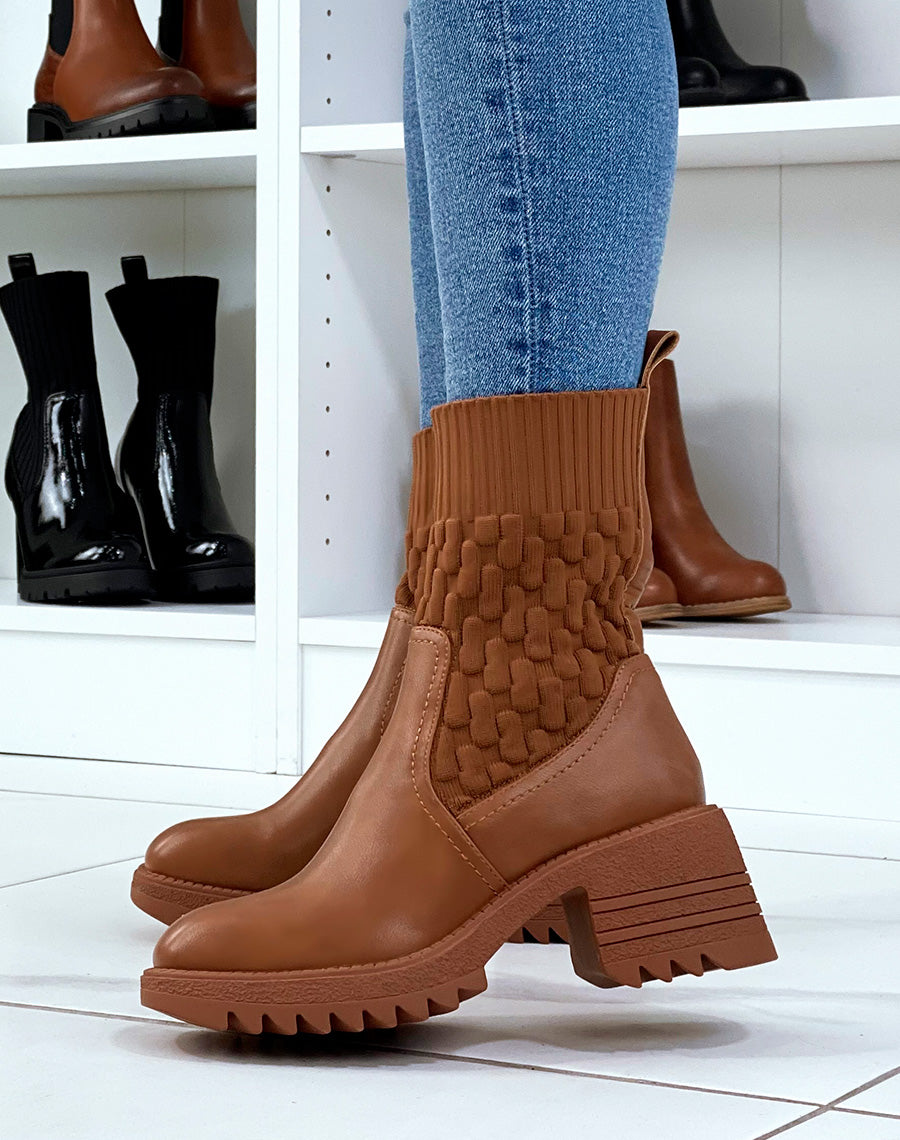 Bottines camel effet chaussette à talon épais à semelle crantée