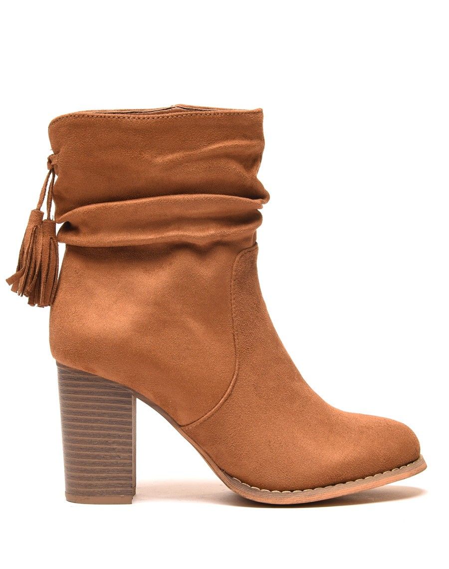 Bottines camel effet suédine avec plis sur le haut