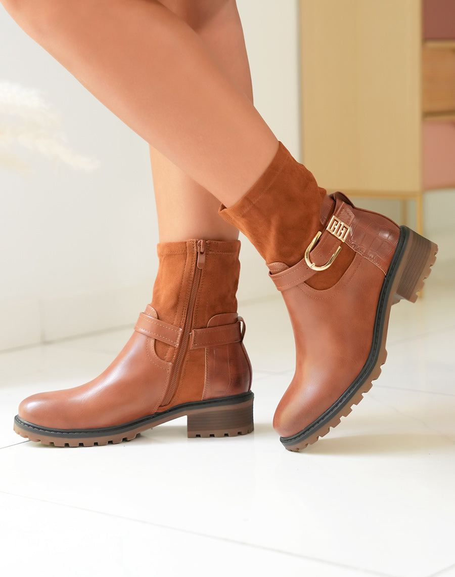 Bottines camel en multi-matière à détails dorés pour femmes