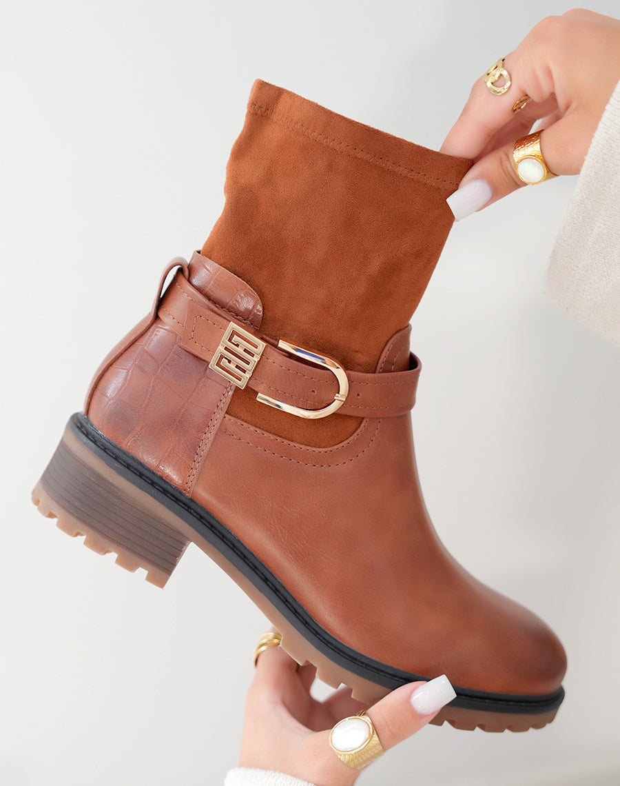 Bottines camel en multi-matière à détails dorés pour femmes