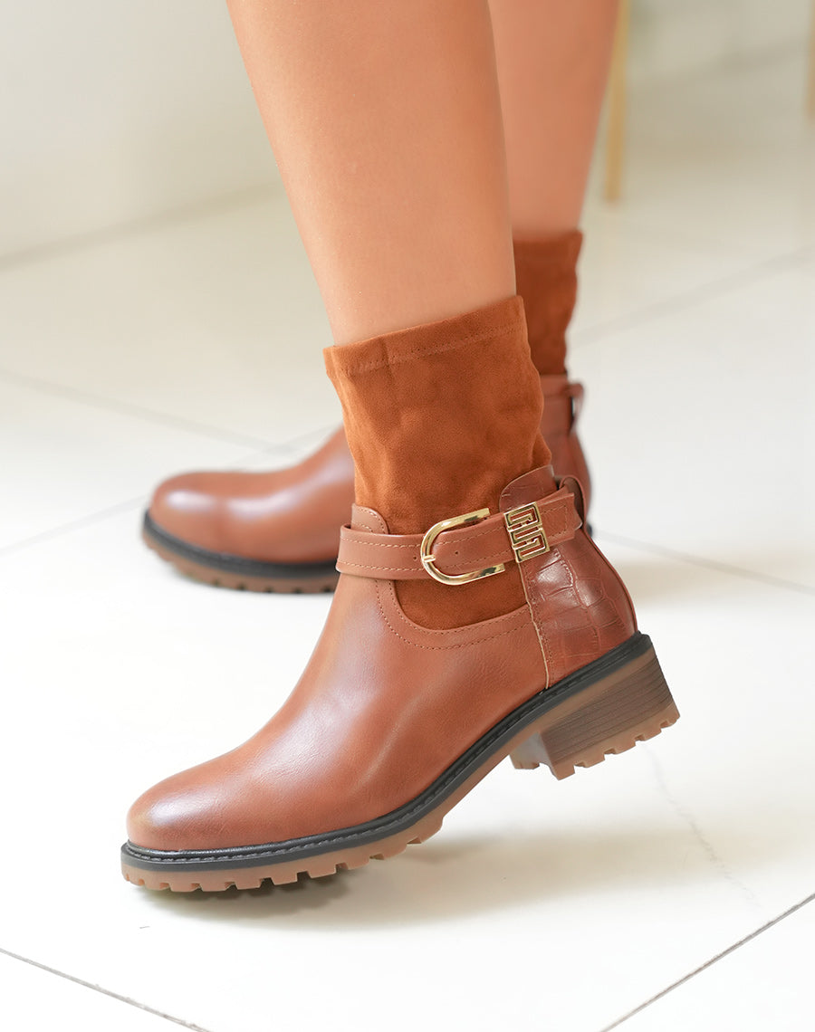 Bottines camel en multi-matière à détails dorés pour femmes