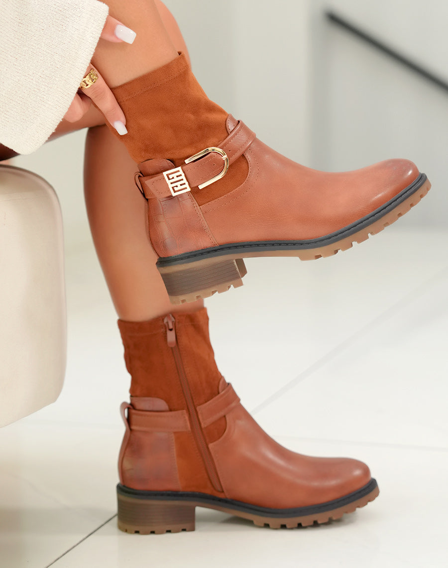 Bottines camel en multi-matière à détails dorés pour femmes