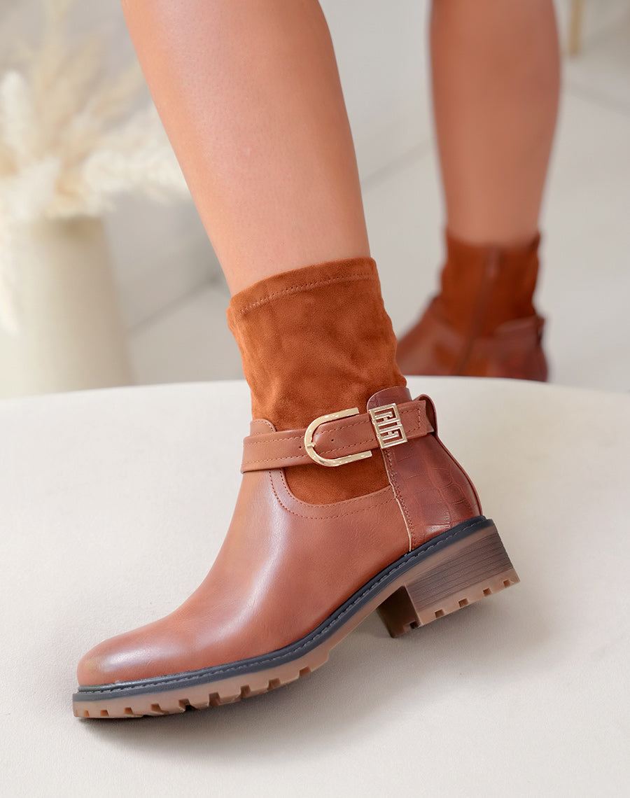 Bottines camel en multi-matière à détails dorés pour femmes