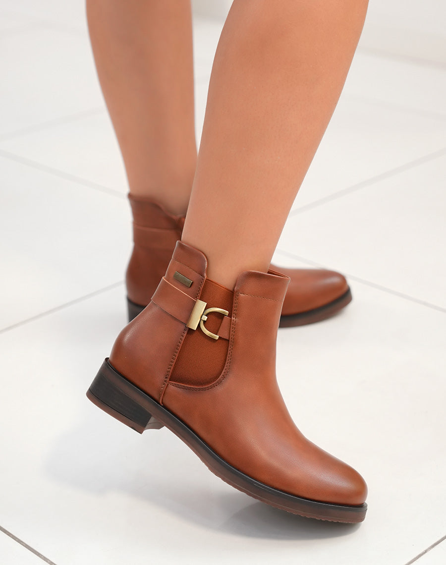Bottines Camel Femme avec Sangle Dorée - Élégance Quotidienne à Petit Prix