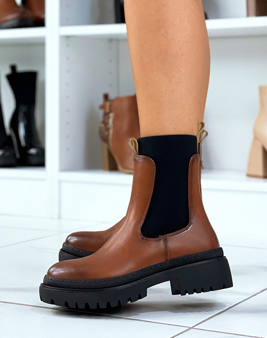 Bottines camel foncé style chelsea à élastique montant