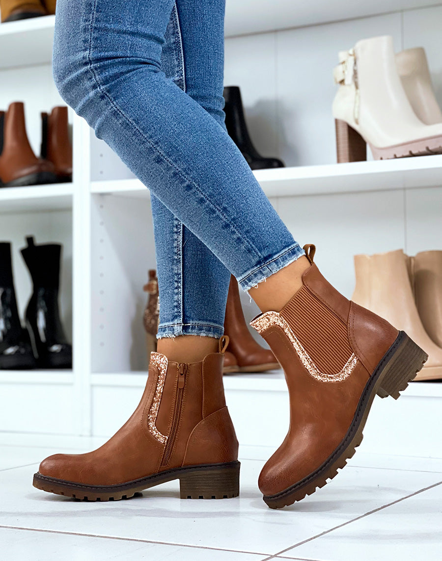 Bottines camel inspiration chelsea à empiècement pailleté