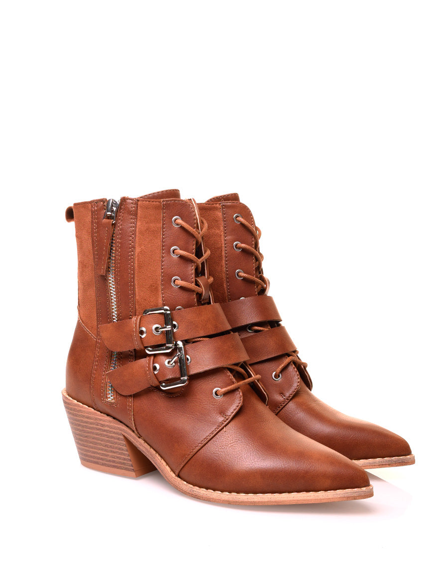 Bottines camel à lacets et à talons biseautés bi-matières