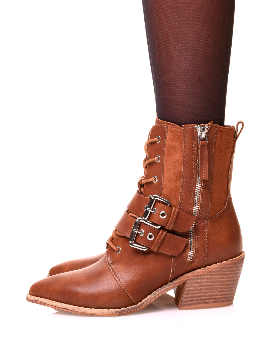 Bottines camel à lacets et à talons biseautés bi-matières