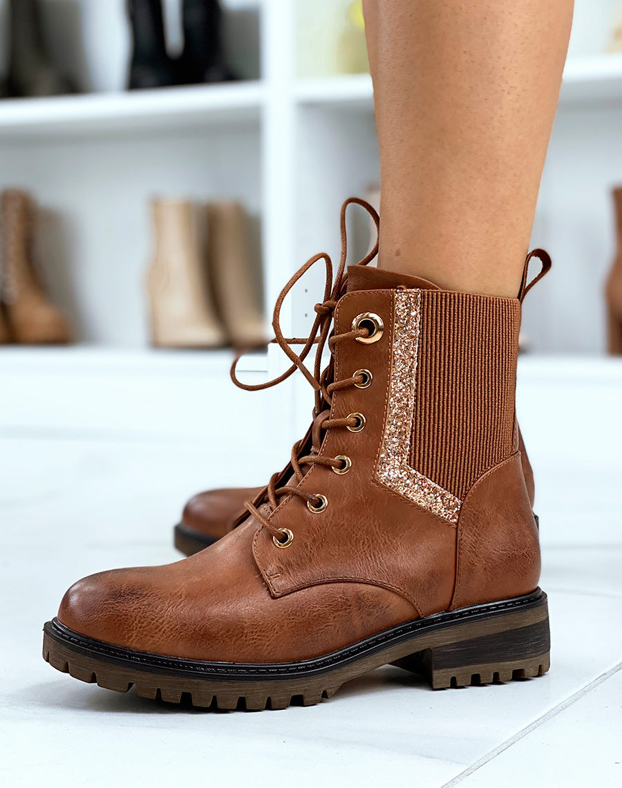 Bottines camel à élastique et paillettes