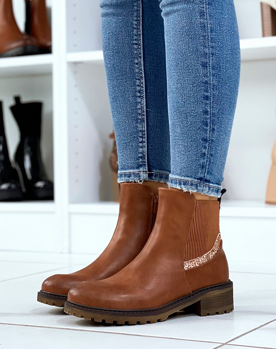 Bottines camel à élastique pailleté