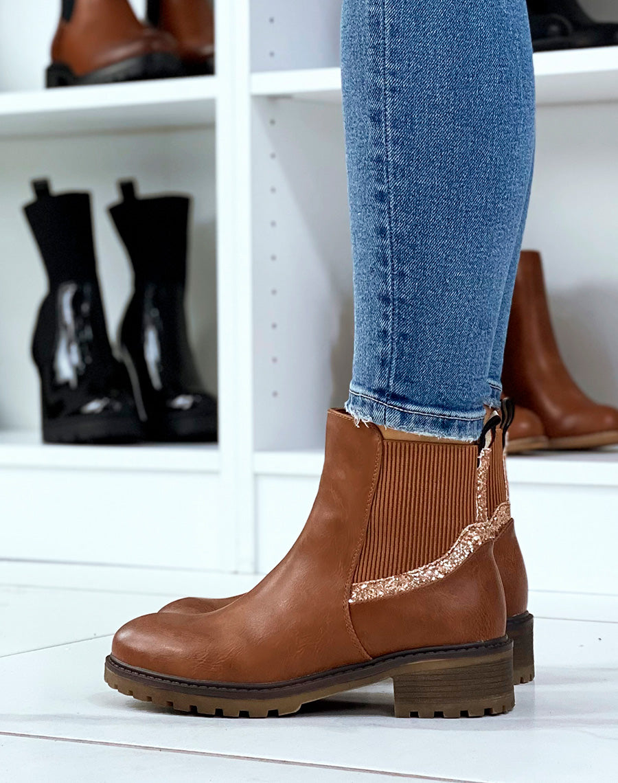 Bottines camel à élastique pailleté