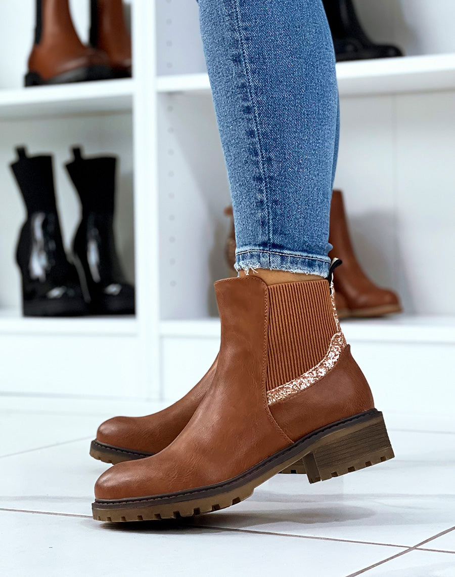 Bottines camel à élastique pailleté