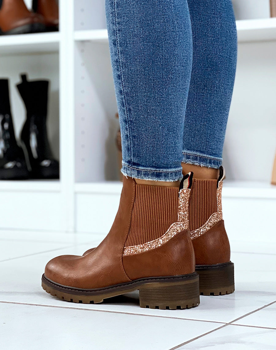 Bottines camel à élastique pailleté