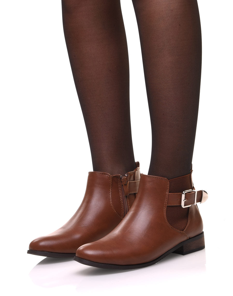 Bottines camel plates lanière et élastique décoratifs