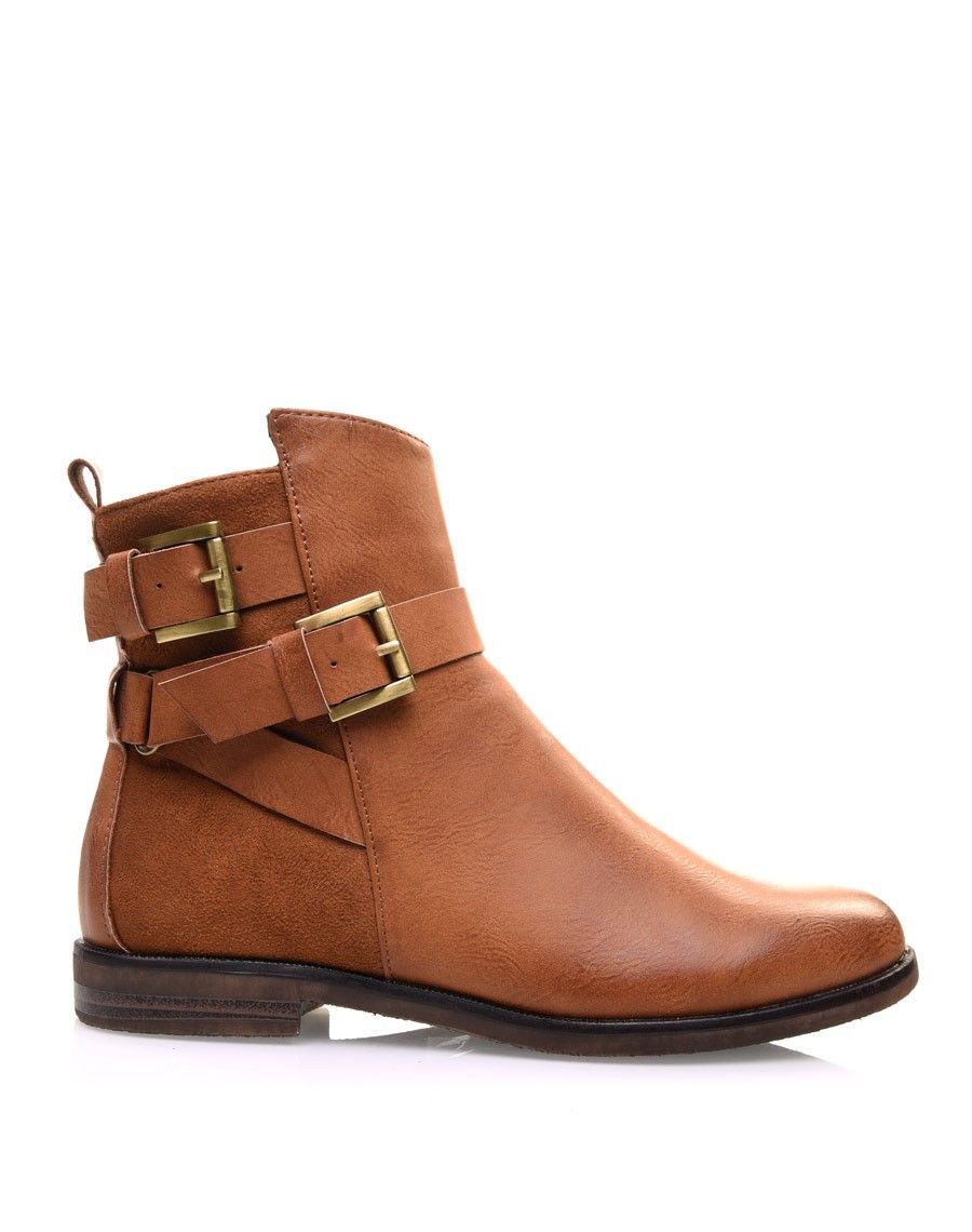 Bottines camel semi-montantes à boucles