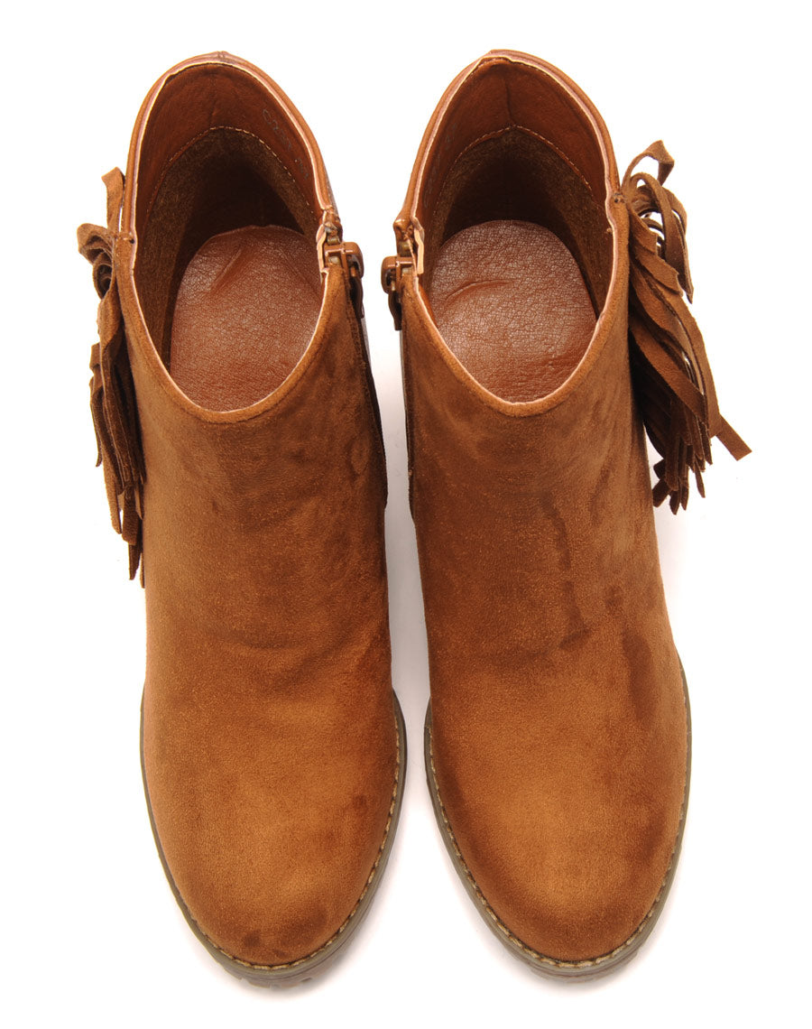 Bottines camel à talons bi-matière avec franges latérales