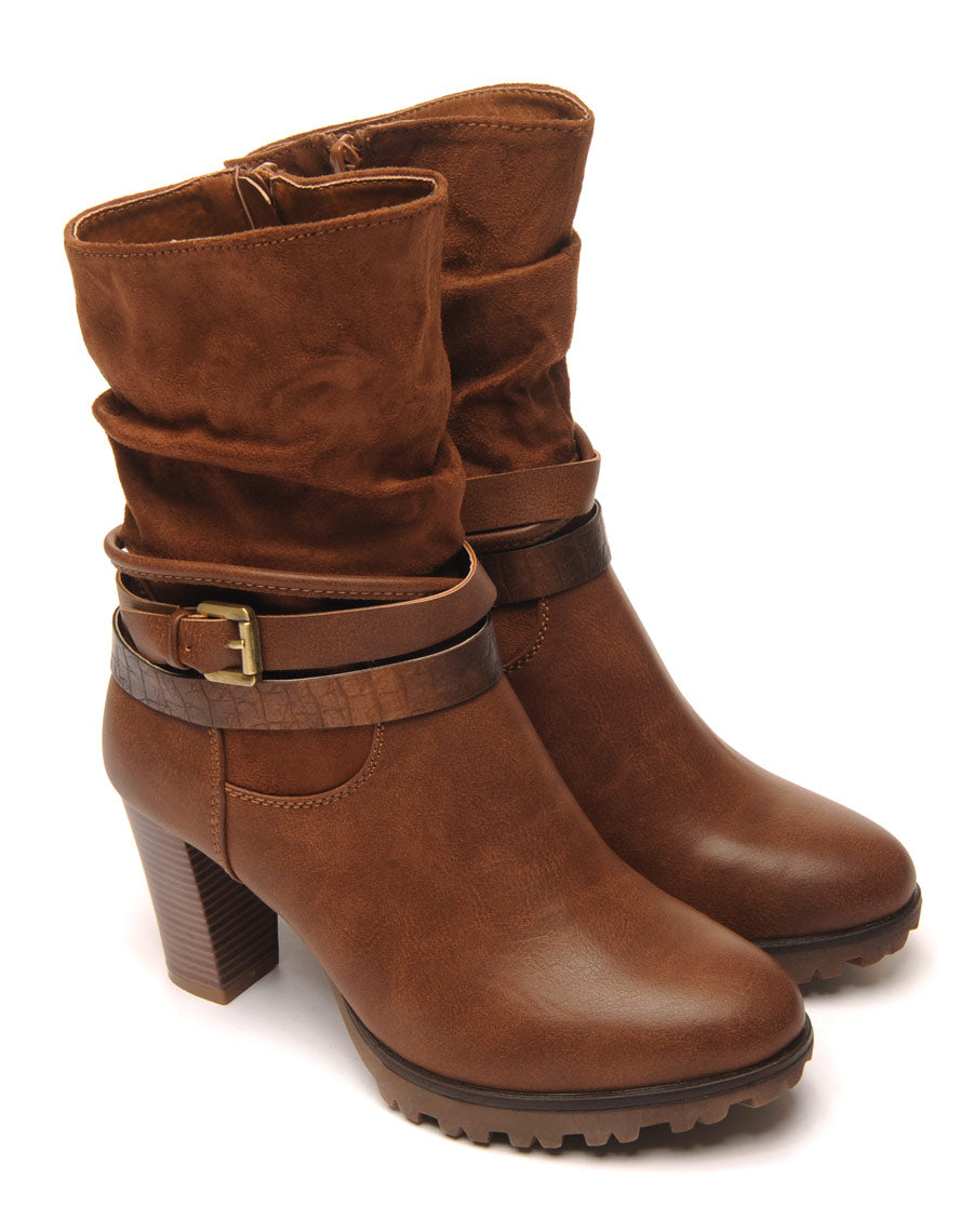 Bottines camel à talons bi-matière double bride