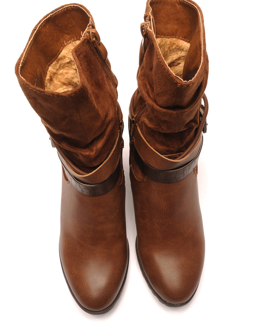 Bottines camel à talons bi-matière double bride