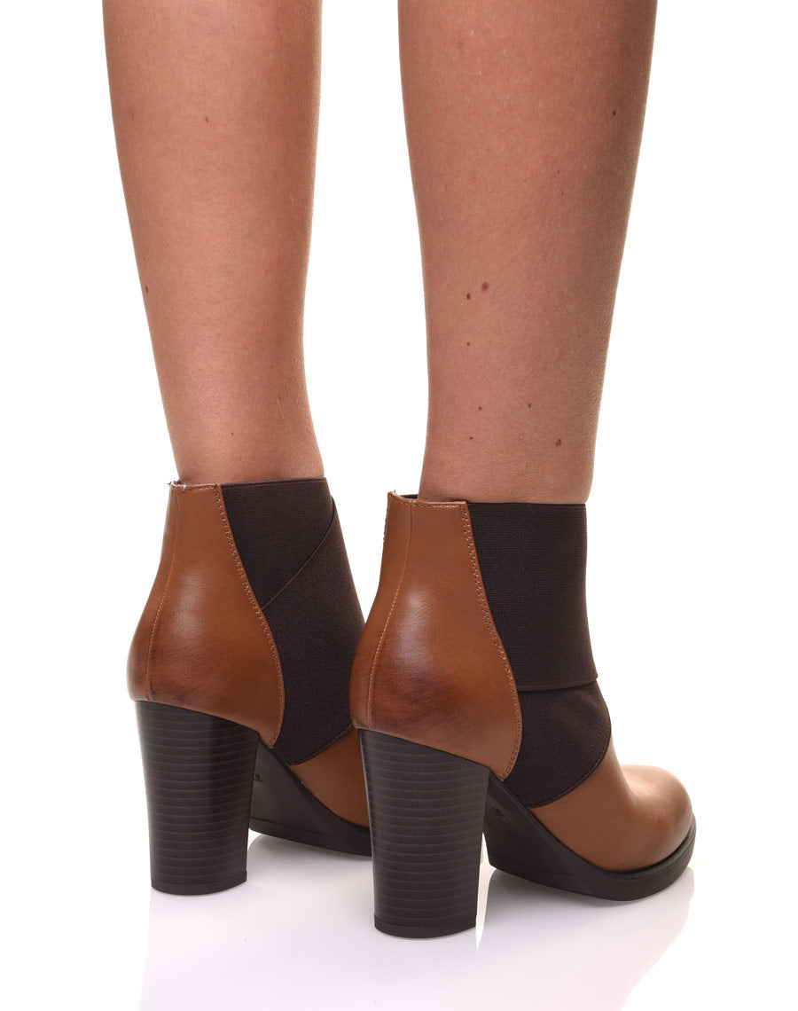 Bottines camel à talons bi matières