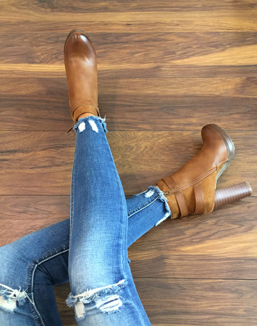 Bottines camel à talons bi-matières