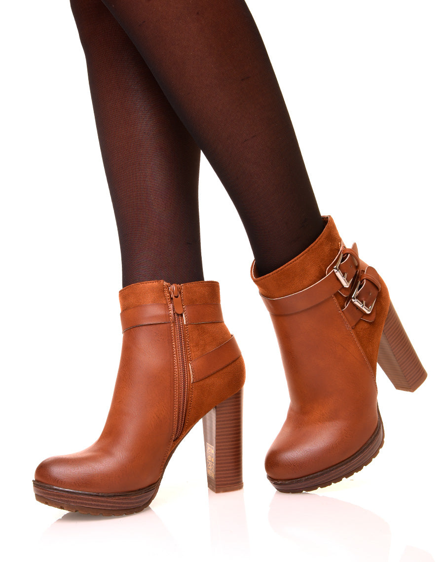 Bottines camel à talons bi-matières