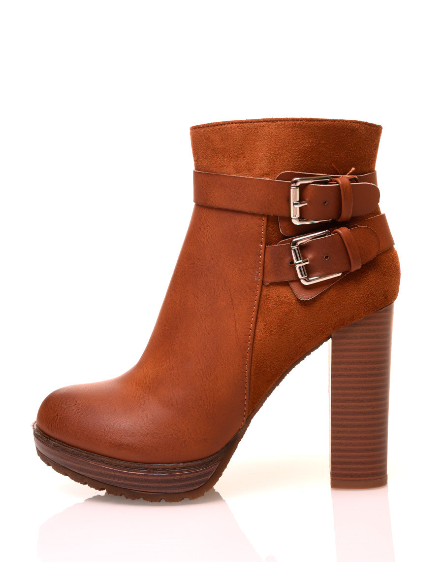 Bottines camel à talons bi-matières